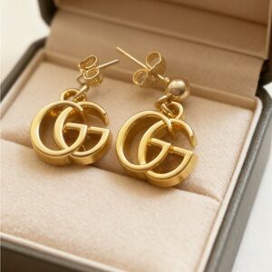 Gucci Gold Tone Double-G Logo Drop Charm Stamped Earrings